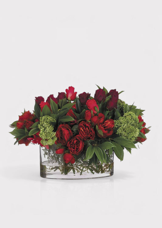 Red Fake Rose and Dahlia Flower Arrangement in Oval Glass Vase - 14"