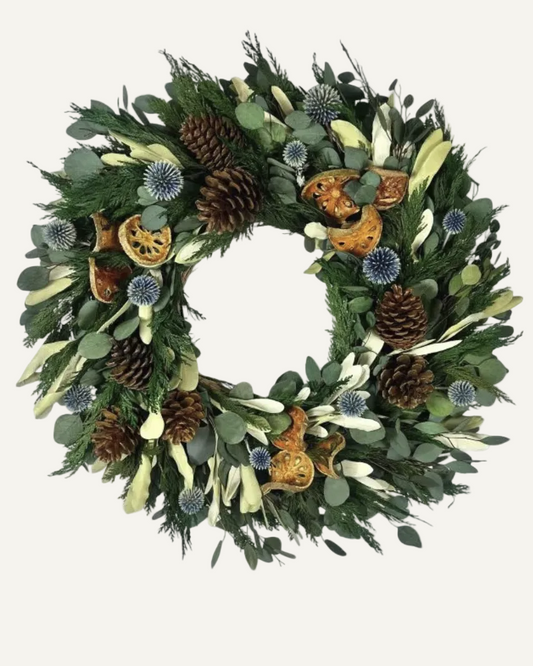 Preserved Winter Greenery Wreath with Quince and Cones - 22"