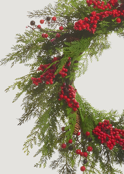 Fake Cedar Winter Wreath with Red Berries and Pine Cones - 26"