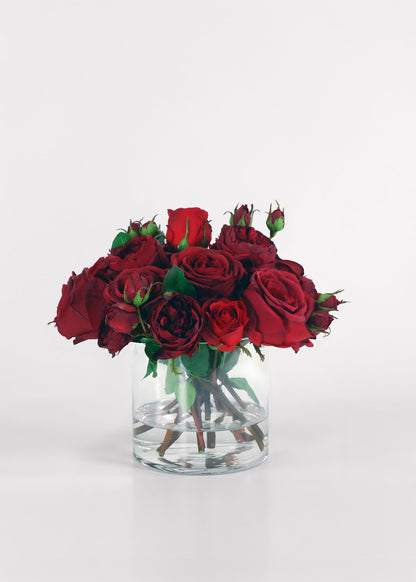 Faux Arrangement of Red Roses in Glass Vase - 13"