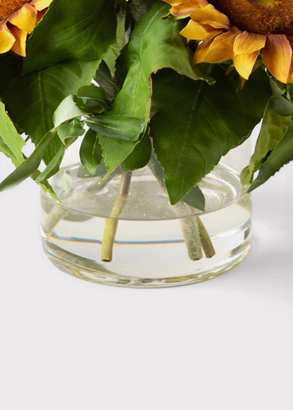 Faux Sunflower and Olive Leaf Arrangement in Glass Vase - 11"