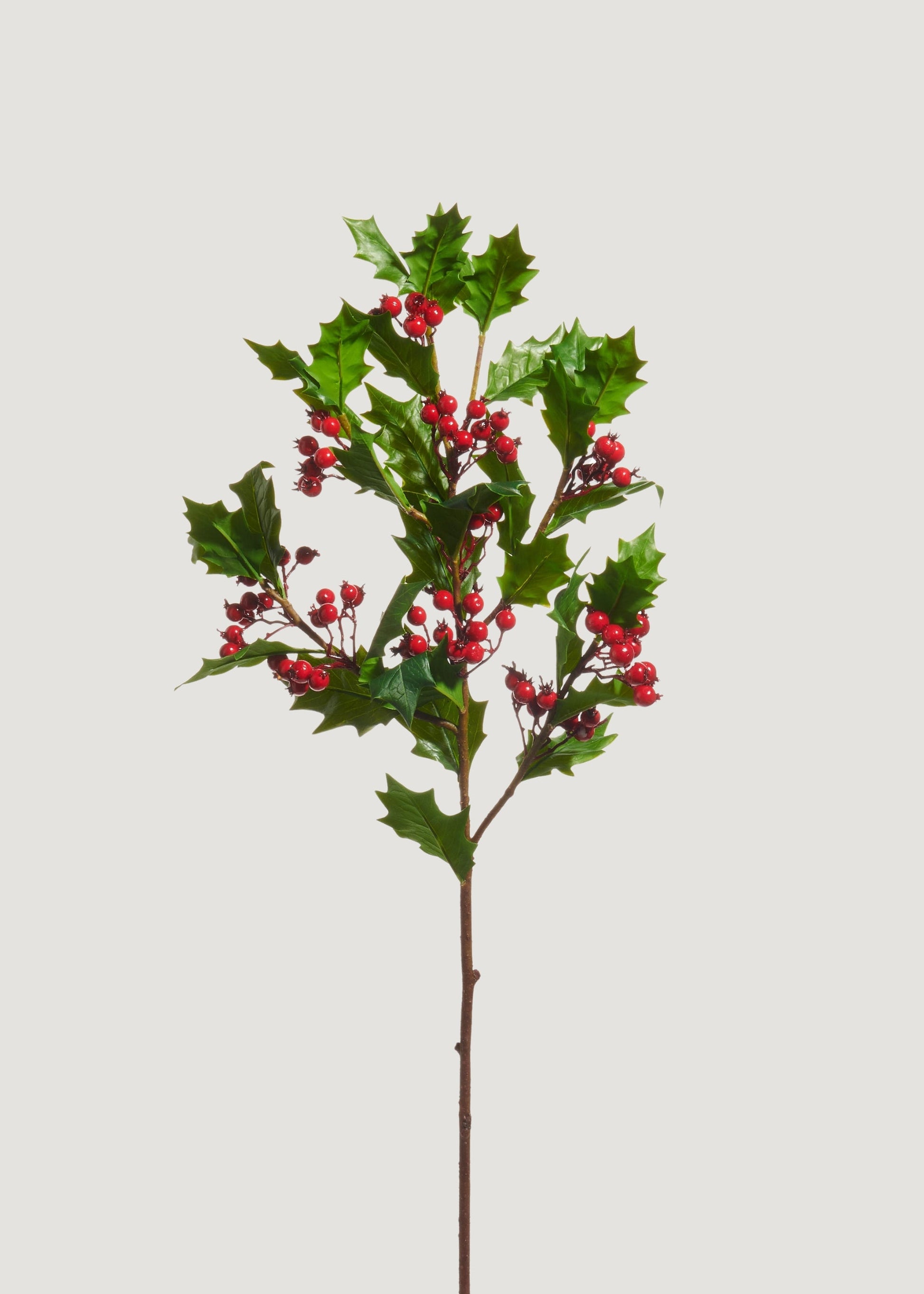Fake Holly Leaves and Red Berries Winter Branch - 33"