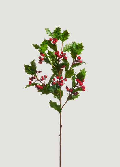 Fake Holly Leaves and Red Berries Winter Branch - 33"