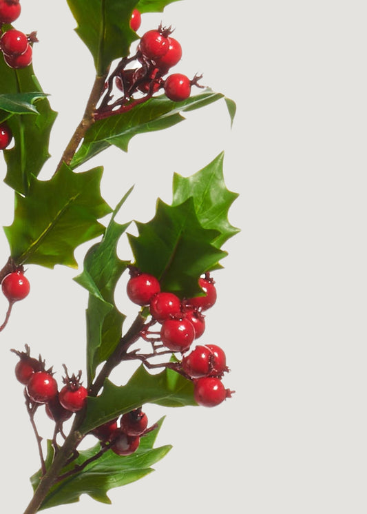 Fake Holly Leaves and Red Berries Winter Branch - 33"
