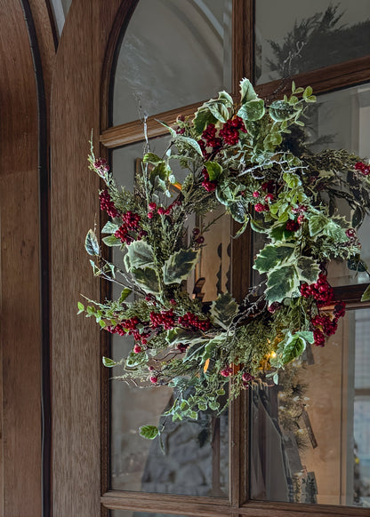 Winter Frost Holly and Red Berry Holiday Wreath - 24"