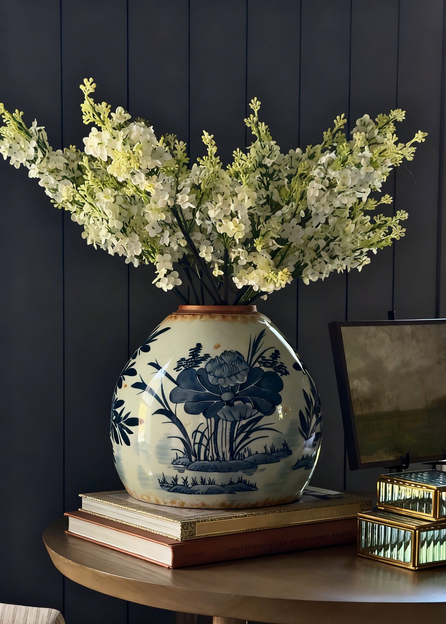 Hand-Painted Blue and White Stoneware Ginger Jar Vase - 11"