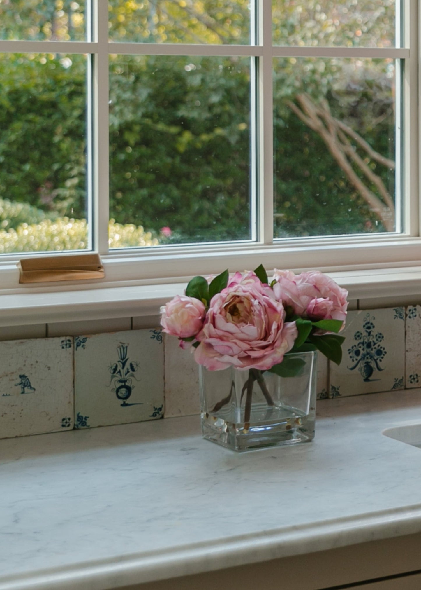 Small Pink Faux Peony Arrangement in Glass Vase - 9"