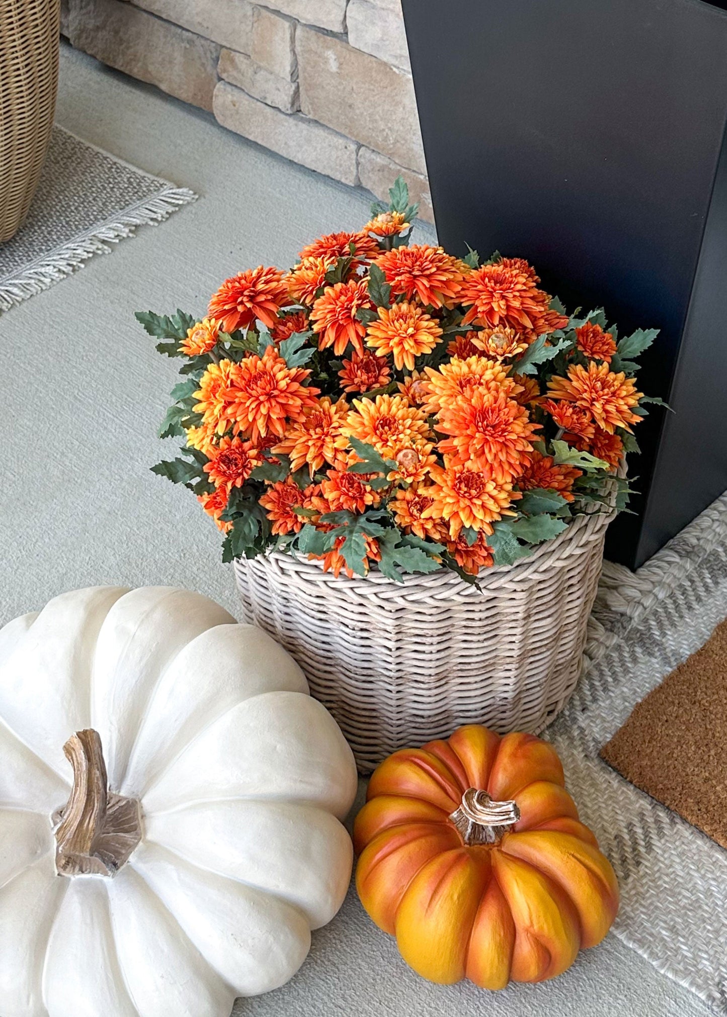 UV Treated Indoor/Outdoor Potted Fake Fall Orange Mums - 17"