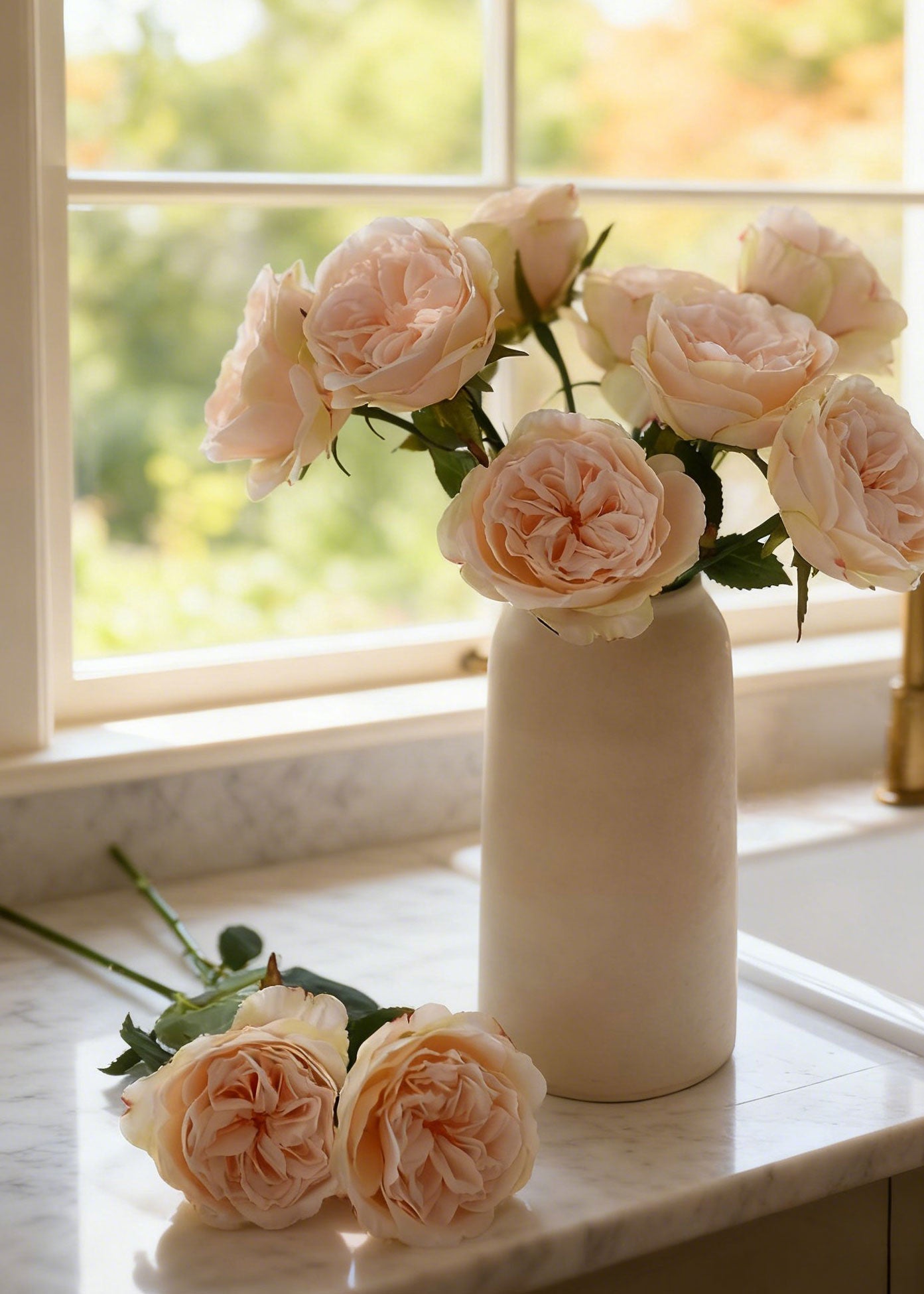 Fake English Cabbage Rose in Pink Apricot - 20.5"
