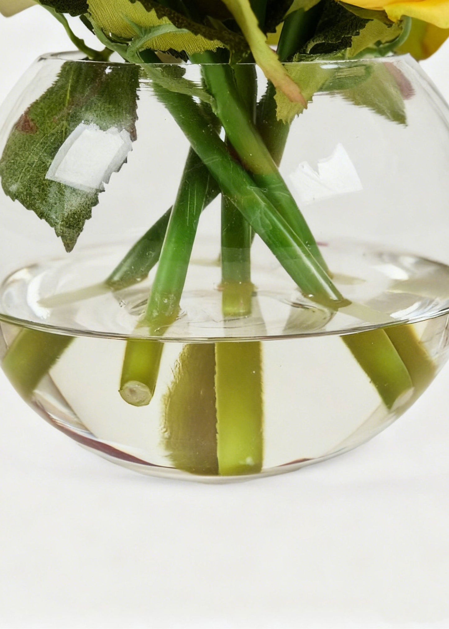 Faux Yellow Rose Arrangement in Glass Vase - 7"
